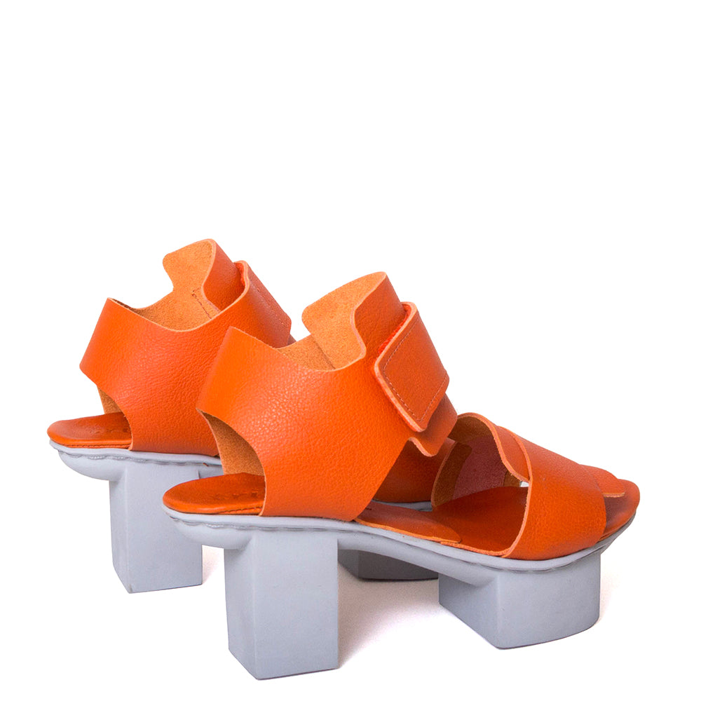 Trippen Visor. Women's platform sandal in orange leather & white sole. Made in Germany. Back pair view.