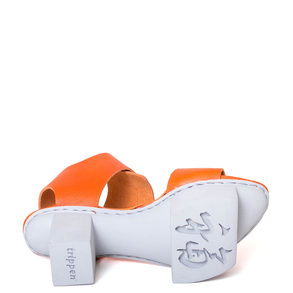 Trippen Visor. Women's platform sandal in orange leather & white sole. Made in Germany. Sole view.