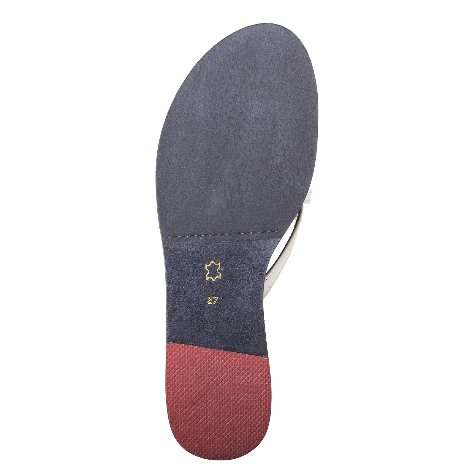 yuko imanishi + Alina. Women's sandals in Off-White patent leather, memory foam footbed for comfort. Flat heel. Bottom view.