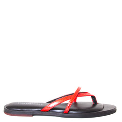 yuko imanishi + Alina. Women's sandals in Red patent leather, memory foam footbed for comfort. Flat heel. Side view.