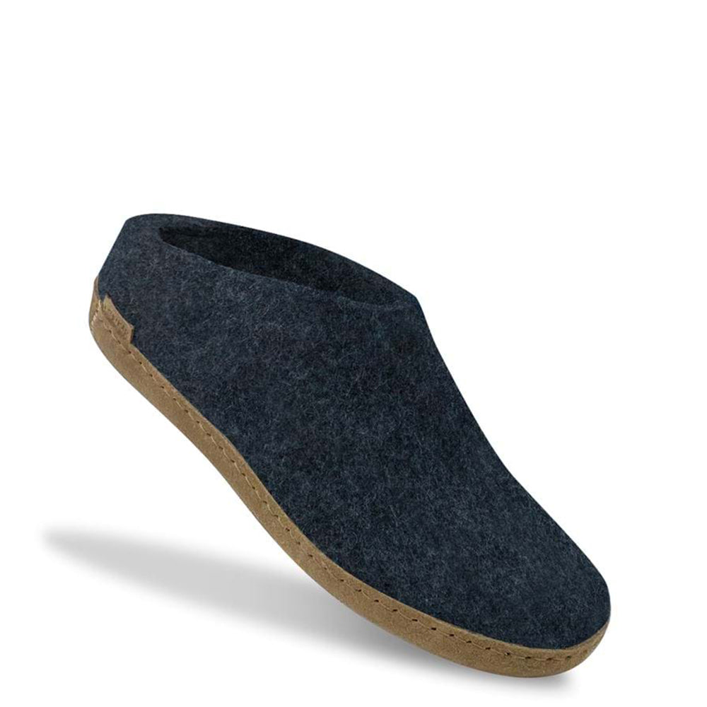 Glerups Slip On. Unisex 100% denim wool slipper. Made in Romania. 3/4 floating view.