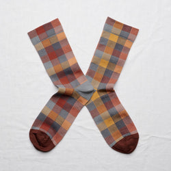 Bonne Maison AT801 Checks Sock. Men's cotton blend sock in sepia.