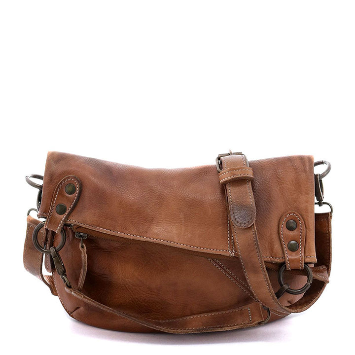 Bed Stu Tahiti. Women's crossbody bag in tan rustic leather. Made in Mexico. Front view.
